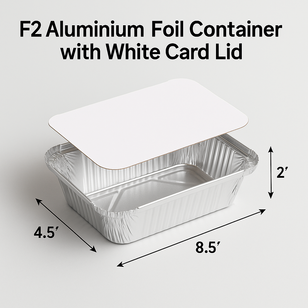 F2 aluminium foil container 8.5x4.5x2 with white card lid 750ml – PackItUp Pakistan