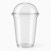 A clear, transparent plastic soda glass with a dome lid, showcasing its sleek modern design with smooth clean edges against a white background
