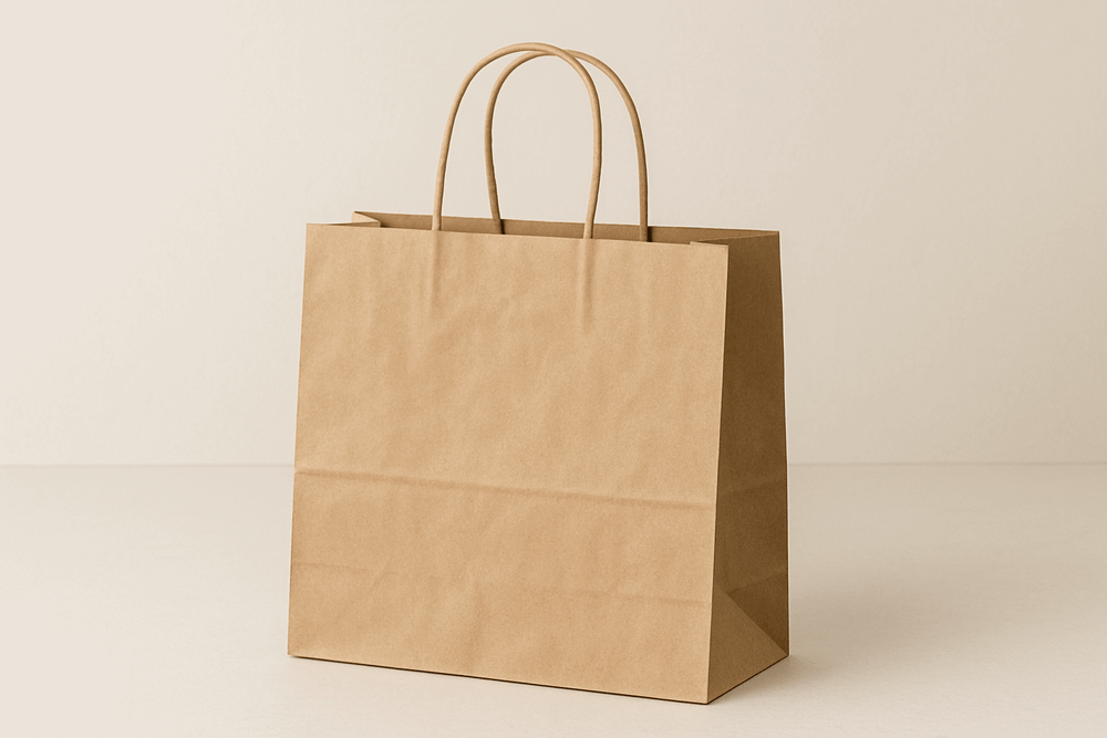 A medium-sized twisted handle bag made from durable brown Kraft paper. The bag stands upright with its top open, showing the spacious interior. It features strong twisted paper handles securely attached to the top edges, capable of supporting medium-weight contents. The natural brown paper displays a subtle texture highlighting its eco-friendly properties. The bag is photographed against a neutral background with soft, even lighting that accentuates the details of the paper texture and handle construction.