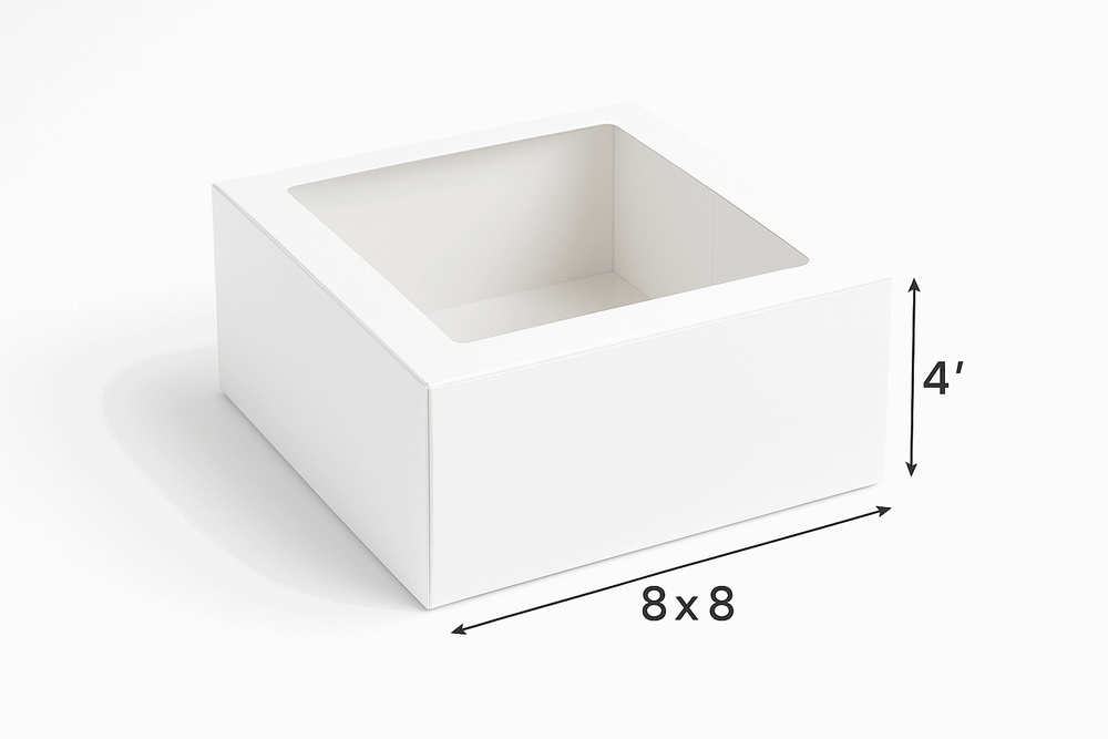 A professional product photo of white bakery cake boxes with transparent top sheets in the size of 8"x8"x4" on a white background