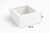 A professional product photo of white bakery cake boxes with transparent top sheets in the size of 8"x8"x4" on a white background