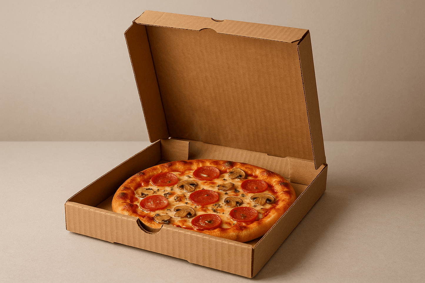 A realistic image of an open 12x12x2 inch corrugated cardboard pizza box containing a medium-sized pizza with visible melted cheese, tomato sauce, and various toppings such as pepperoni and mushrooms. The pizza has a golden-brown crust and is perfectly centered within the square box. The corrugated texture and fluted layers are clearly visible on the sides and edges of the box, with slight steam suggesting the pizza is fresh and hot against a neutral background.