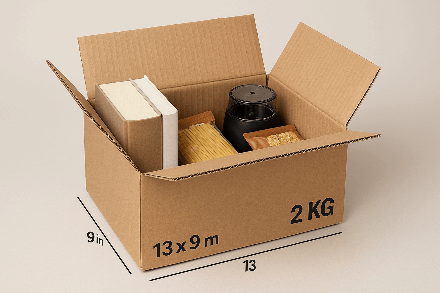 A realistic image of an open 13x9x5 inch corrugated cardboard box containing neatly arranged medium-weight items including hardcover books, a small kitchen appliance, and packaged food items. The sturdy, fluted texture of the cardboard is clearly visible on the sides, showcasing the box's strength and capacity to hold items weighing up to 2 kilograms. The contents are carefully organized inside against a clean, neutral background.