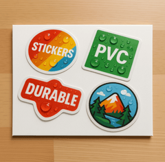 Durable PVC stickers with glossy waterproof finish in various shapes showing water resistance