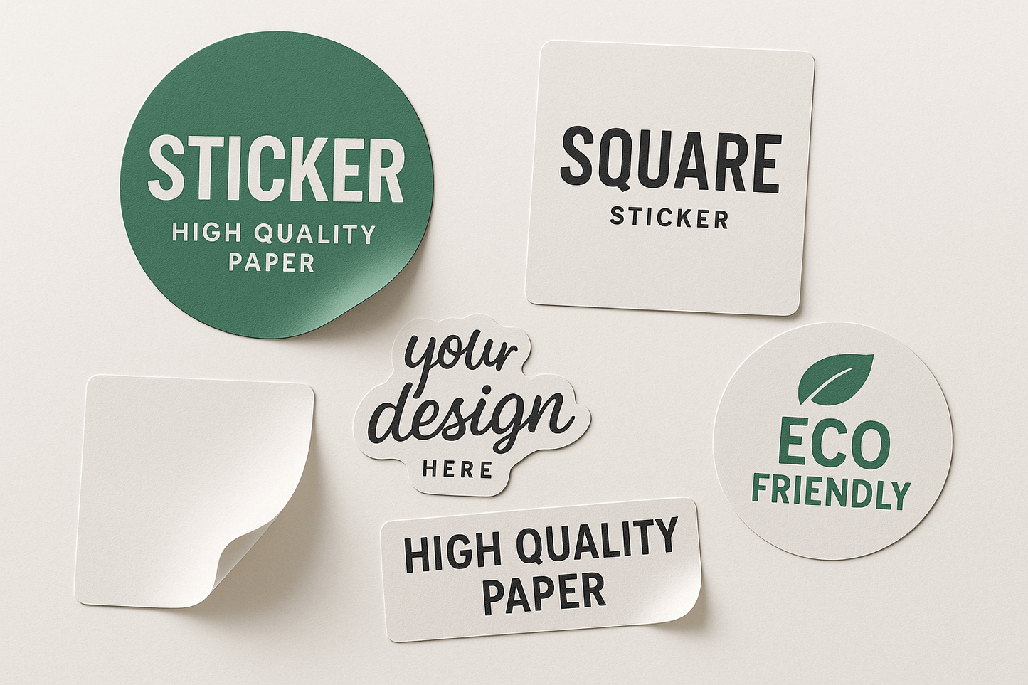 High-quality paper stickers with matte finish and subtle texture in various shapes