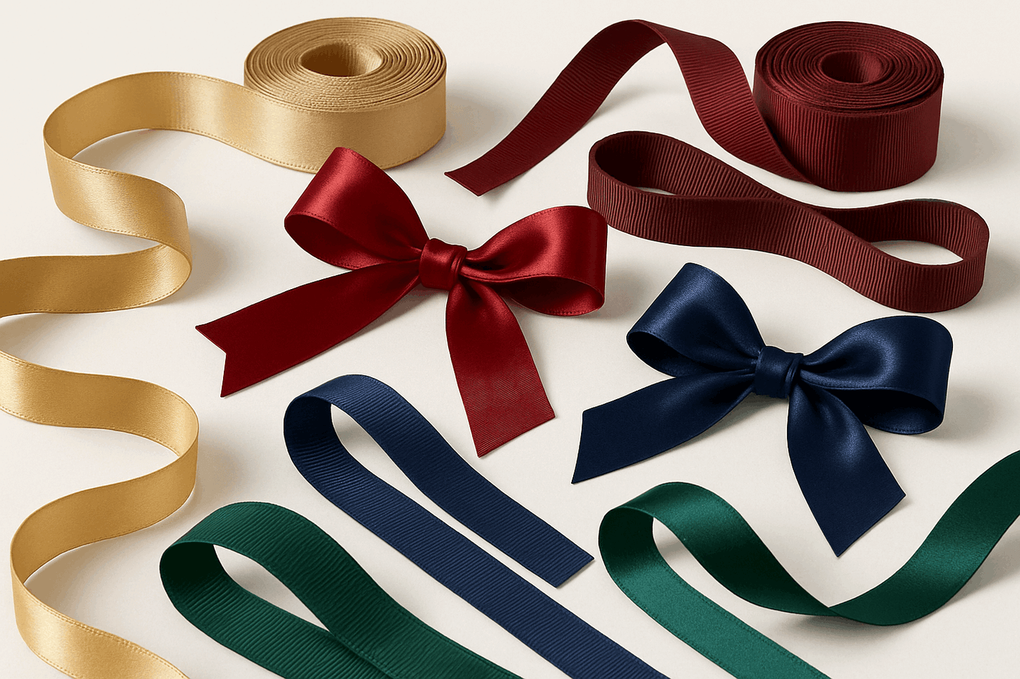 Luxurious satin and grosgrain ribbons in various colors and widths with some tied into elegant bows