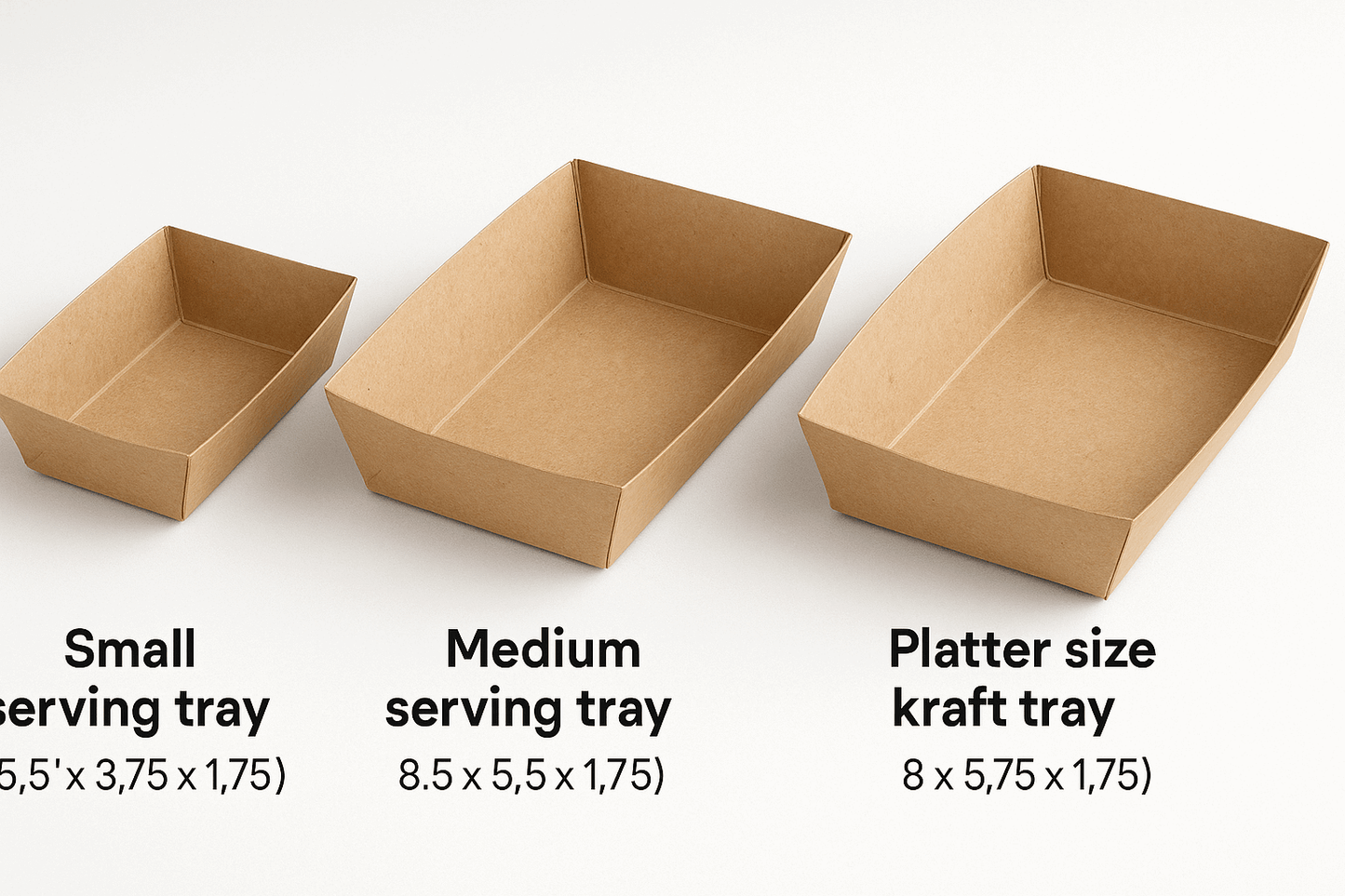 Three kraft serving trays in different sizes with labels showing their dimensions
