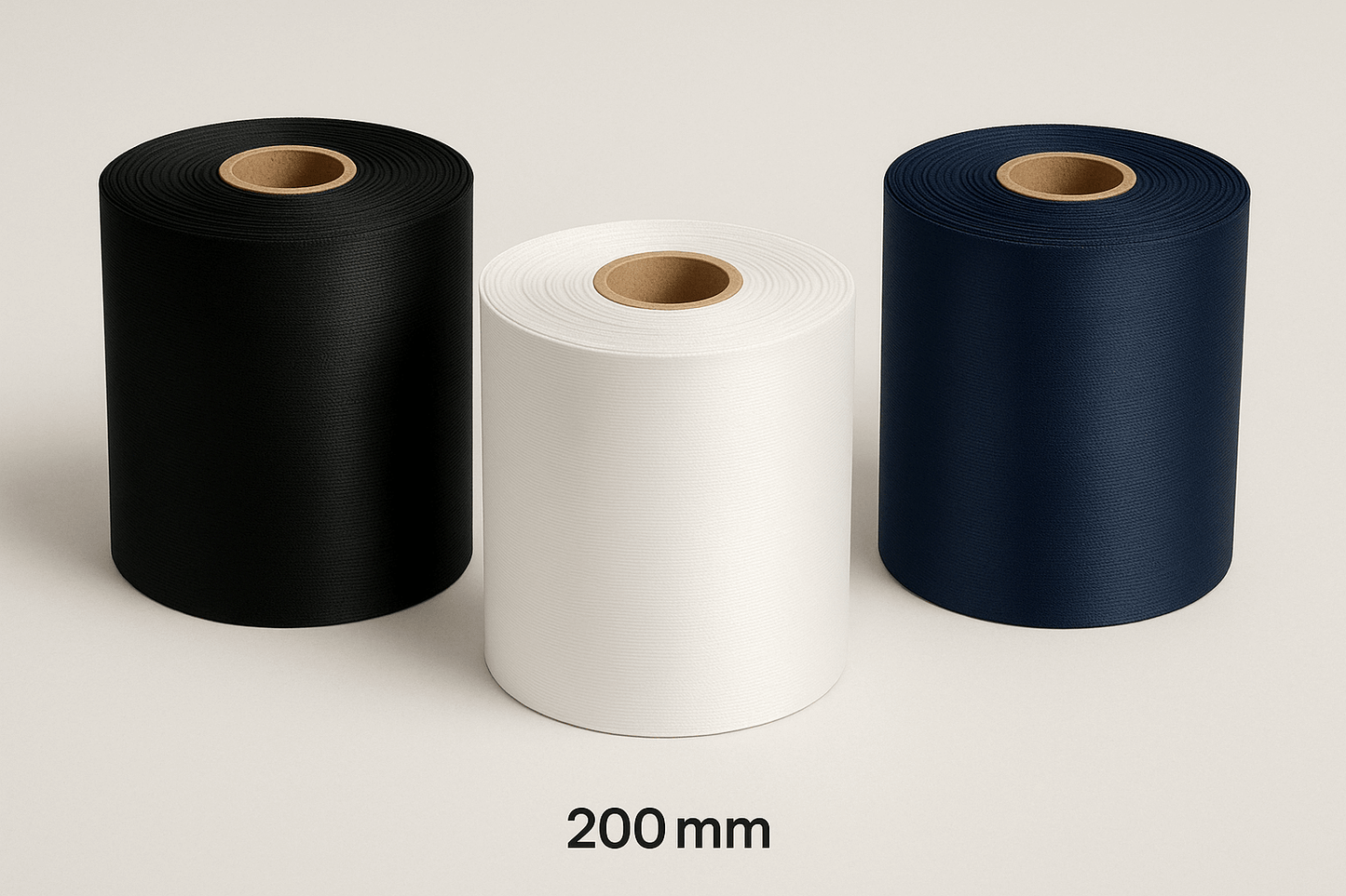 Three separate ribbon rolls in black, white, and navy blue, each 200mm wide