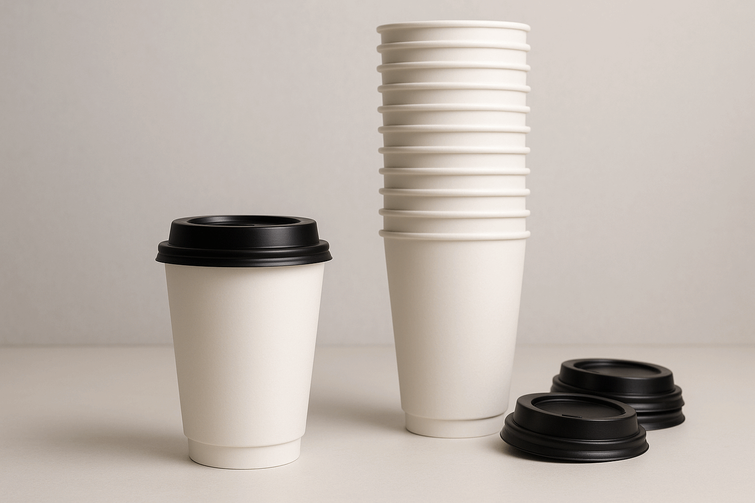 8oz double-wall white coffee cup with black lid and tall stack of 10-20 cups behind