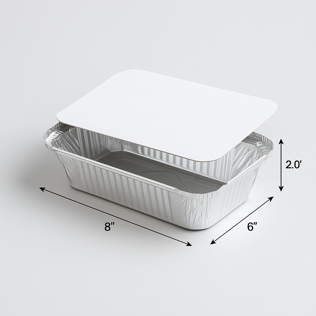 F3 aluminium foil container 8x6x2 with white card lid 1000ml – PackItUp Pakistan