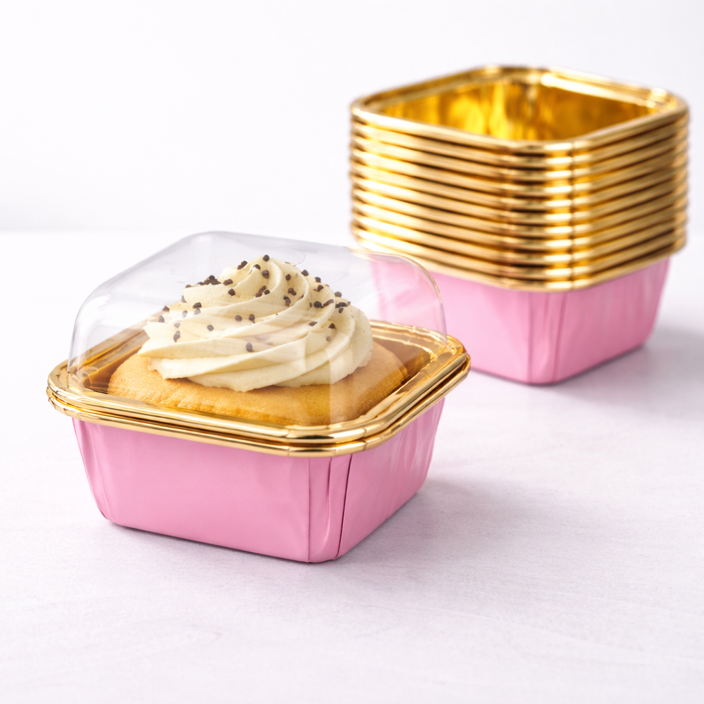 Square Gold Paper Foil Cupcake Molds with lid