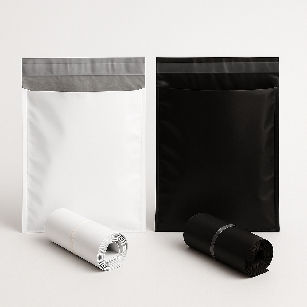 delivery flyer 10x12 inch white grey inside and full black 100% virgin LDPE courier bag with pocket – PackItUp Pakistan