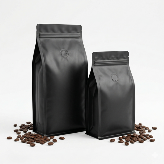 premium matte black aluminium coffee pouch with one-way degassing valve and resealable zipper – PackItUp Pakistan