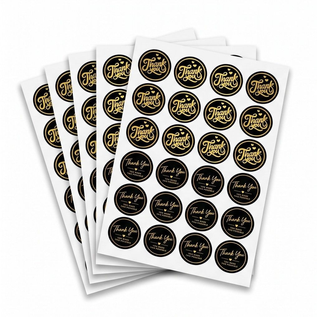 premium black and gold thank you packaging stickers on white sheets for small business orders – PackItUp Pakistan