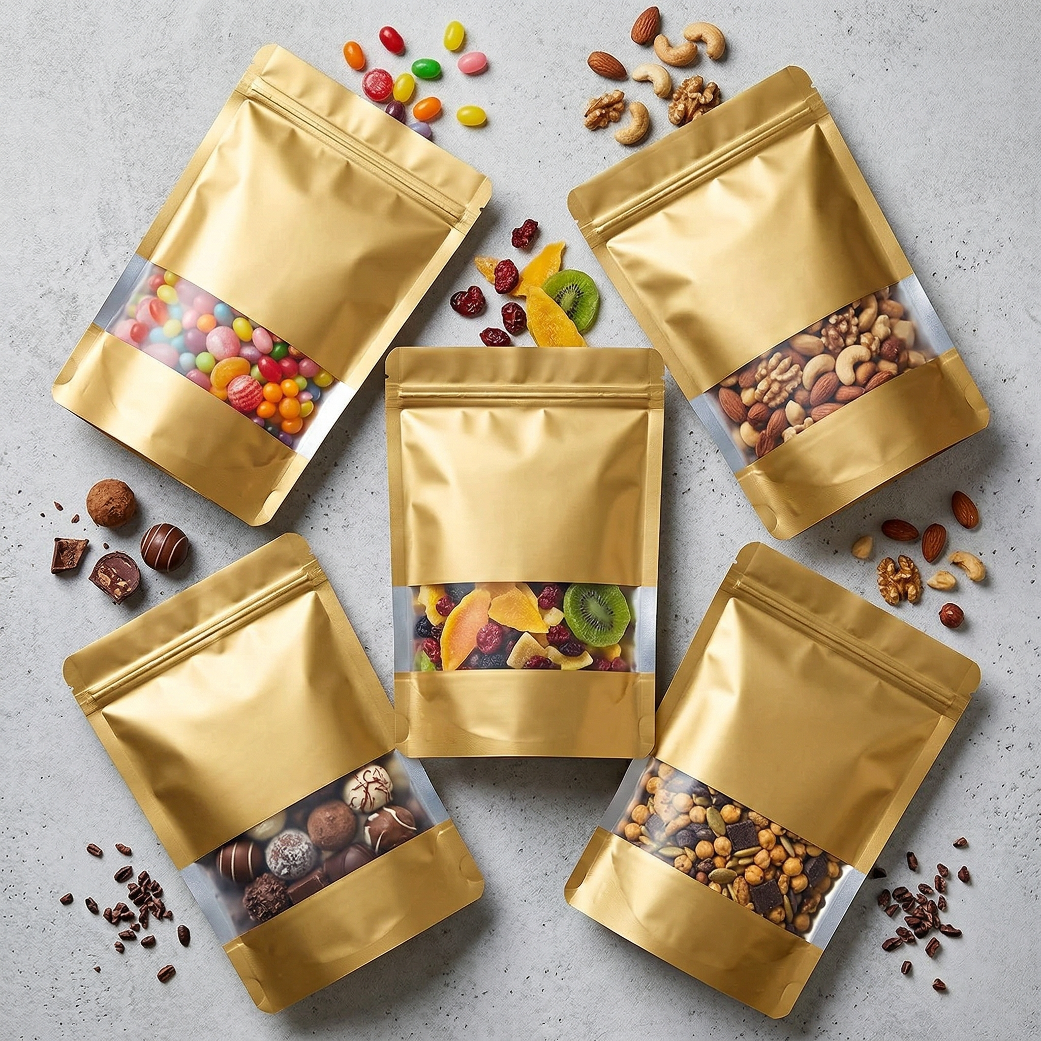 Golden Aluminum Pouches With Clear Window