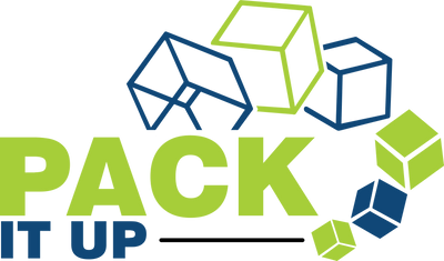 Logo with geometric shapes and 'PACK IT UP' text on a blue background