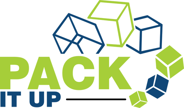 Logo with geometric shapes and 'PACK IT UP' text on a blue background