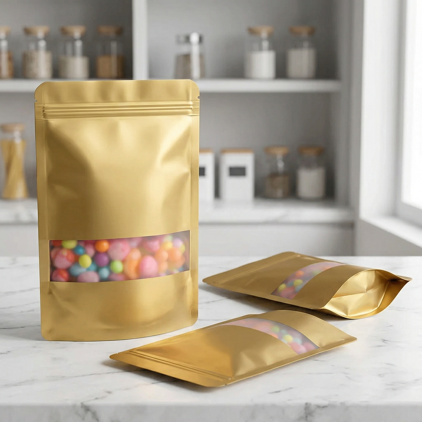 Golden Aluminum Pouches With Clear Window