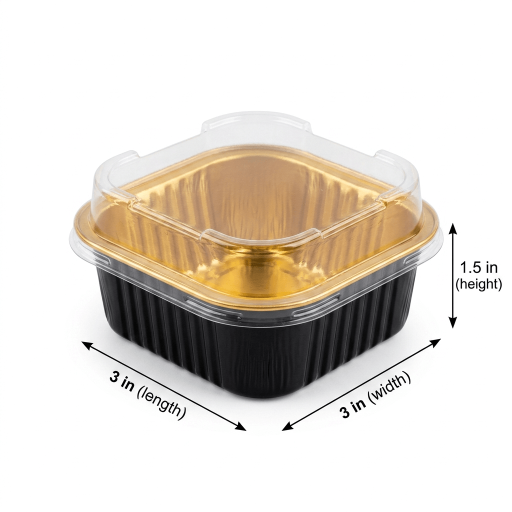 Premium Square Black & Gold Aluminum Foil Container with Clear Lid (150ml)– Oven-Safe Disposable Baking & Serving Pan