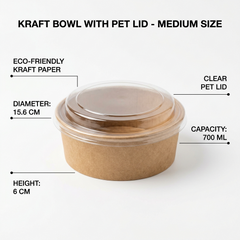 Kraft Bowl with PET Lid - Medium Size - 700ml