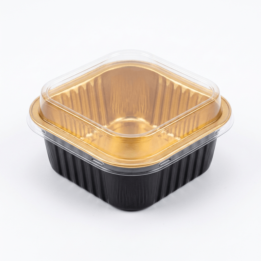 Premium Square Black & Gold Aluminum Foil Container with Clear Lid (150ml)– Oven-Safe Disposable Baking & Serving Pan