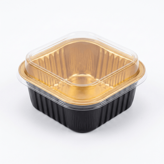 Premium Square Black & Gold Aluminum Foil Container with Clear Lid – Oven-Safe Disposable Baking & Serving Pan