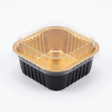 Premium Square Black & Gold Aluminum Foil Container with Clear Lid (150ml)– Oven-Safe Disposable Baking & Serving Pan