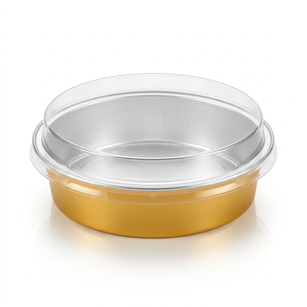Premium Round Gold Aluminum Foil Pan with Clear Lid (250ml) – Oven-Safe Disposable Baking & Catering Container