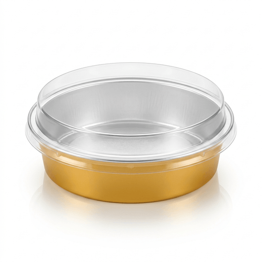 Premium Round Gold Aluminum Foil Pan with Clear Lid – Oven-Safe Disposable Baking & Catering Container