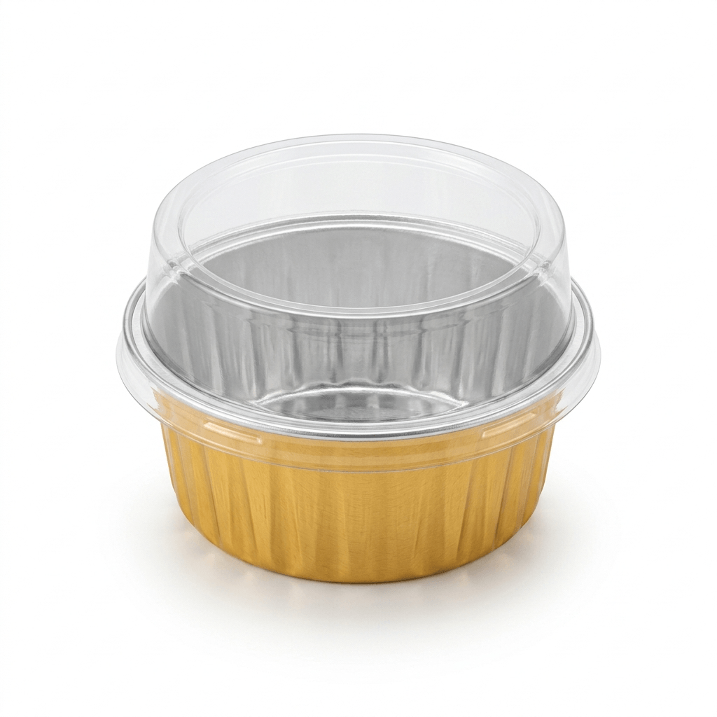 Premium Mini Gold Aluminum Foil Cup with Clear Dome Lid (130ml)– Oven-Safe Disposable Baking & Dessert Cup