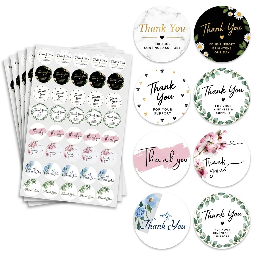 premium assorted round thank you paper stickers floral and minimalist designs for small business orders – PackItUp Pakistan