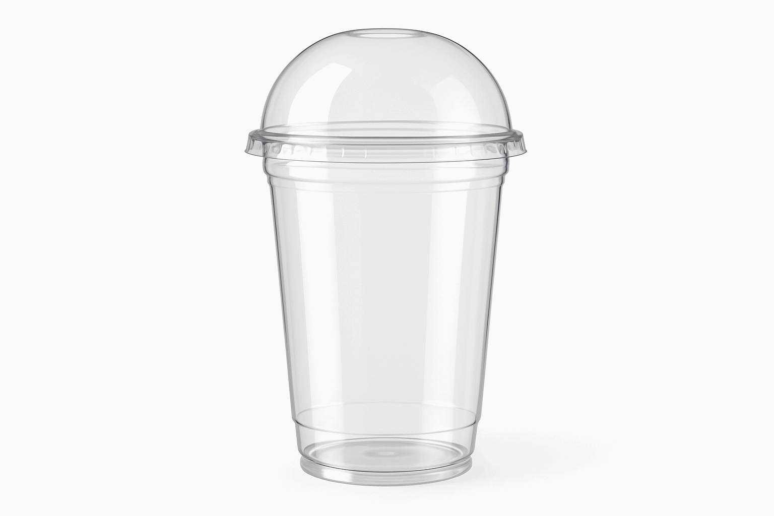A clear, transparent plastic soda glass with a dome lid, showcasing its sleek modern design with smooth clean edges against a white background