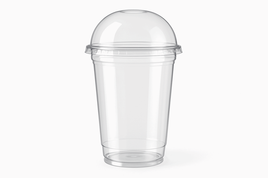 A clear, transparent plastic soda glass with a dome lid, showcasing its sleek modern design with smooth clean edges against a white background