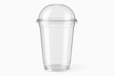 A clear, transparent plastic soda glass with a dome lid, showcasing its sleek modern design with smooth clean edges against a white background