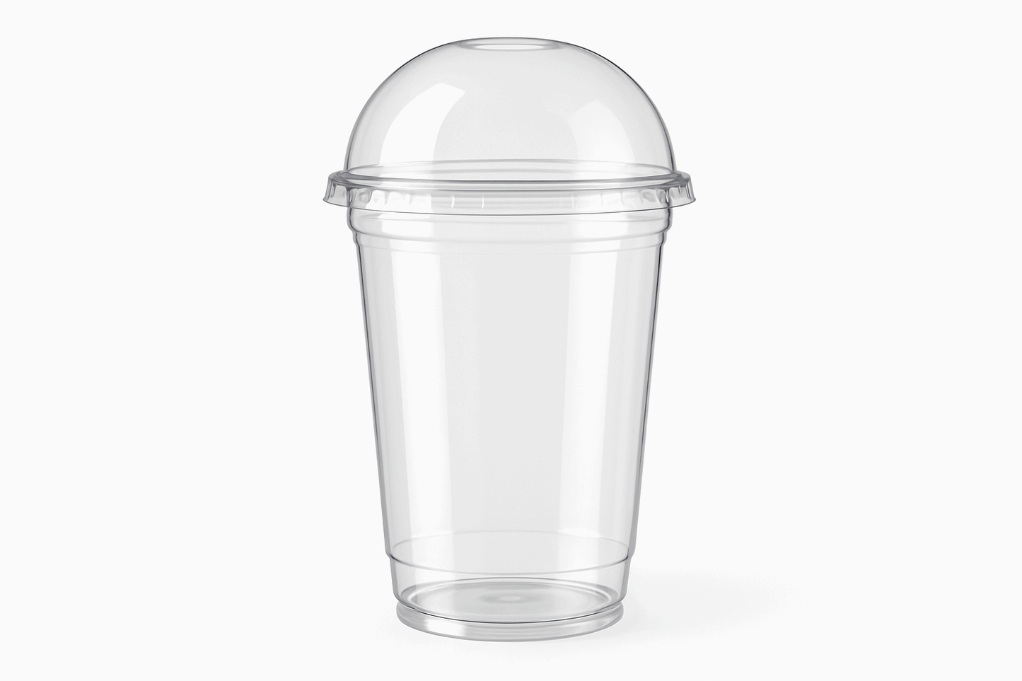 A clear, transparent plastic soda glass with a dome lid, showcasing its sleek modern design with smooth clean edges against a white background