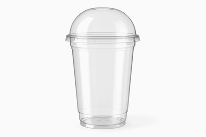 A clear, transparent plastic soda glass with a dome lid, showcasing its sleek modern design with smooth clean edges against a white background