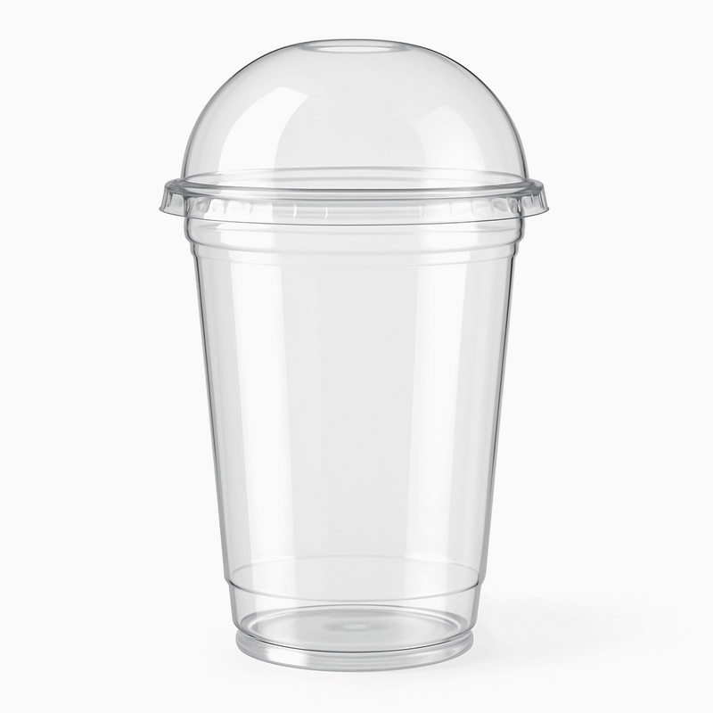 A clear, transparent plastic soda glass with a dome lid, showcasing its sleek modern design with smooth clean edges against a white background