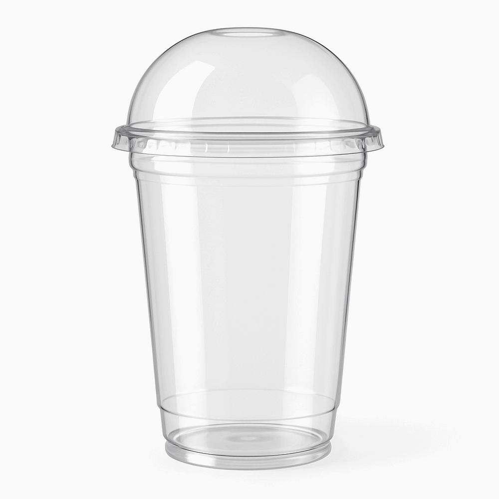 A clear, transparent plastic soda glass with a dome lid, showcasing its sleek modern design with smooth clean edges against a white background