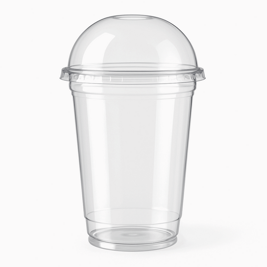 A clear, transparent plastic soda glass with a dome lid, showcasing its sleek modern design with smooth clean edges against a white background