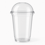 A clear, transparent plastic soda glass with a dome lid, showcasing its sleek modern design with smooth clean edges against a white background