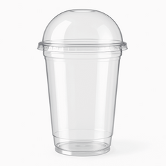 A clear, transparent plastic soda glass with a dome lid, showcasing its sleek modern design with smooth clean edges against a white background