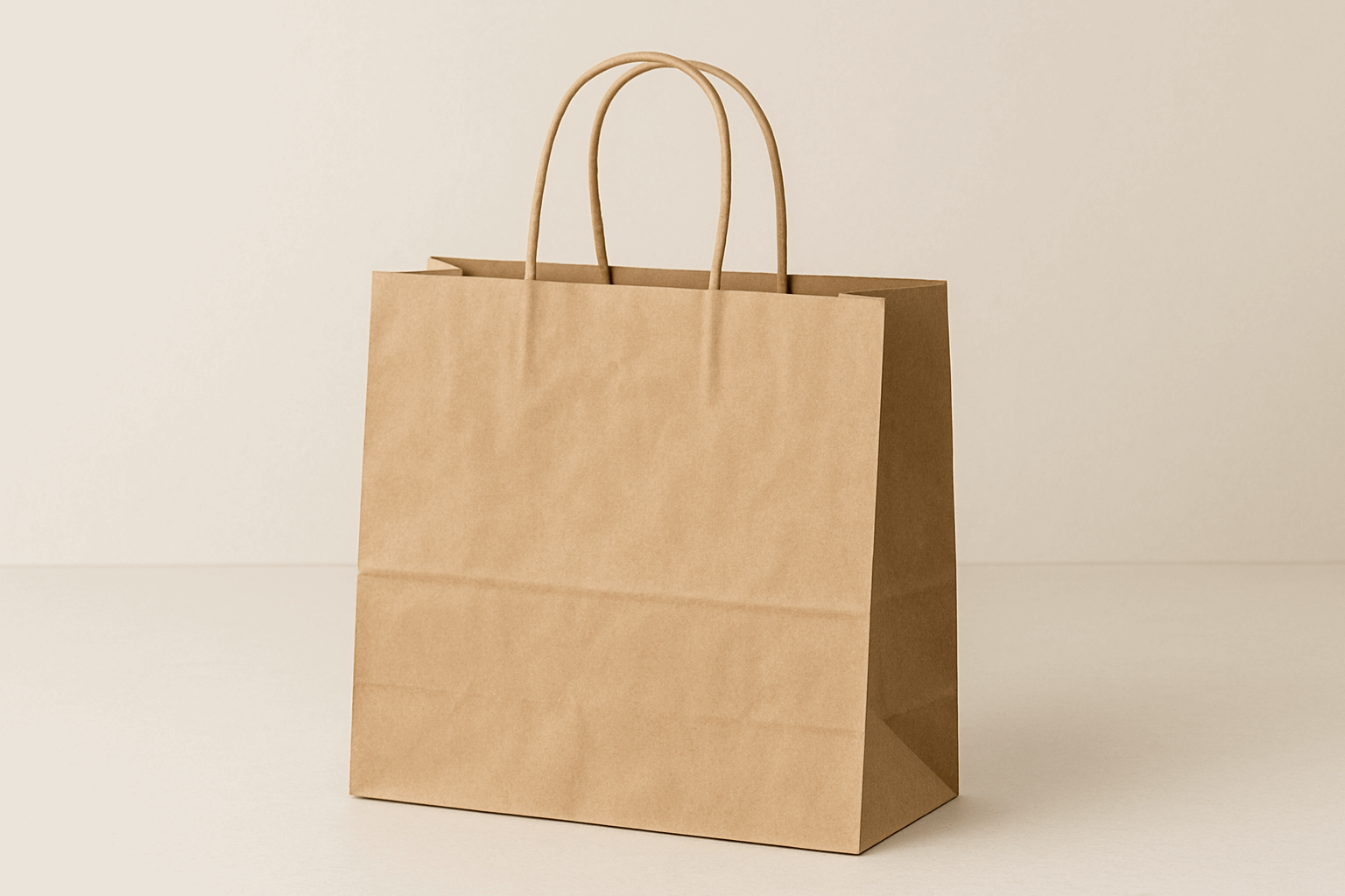 A medium-sized twisted handle bag made from durable brown Kraft paper. The bag stands upright with its top open, showing the spacious interior. It features strong twisted paper handles securely attached to the top edges, capable of supporting medium-weight contents. The natural brown paper displays a subtle texture highlighting its eco-friendly properties. The bag is photographed against a neutral background with soft, even lighting that accentuates the details of the paper texture and handle construction.