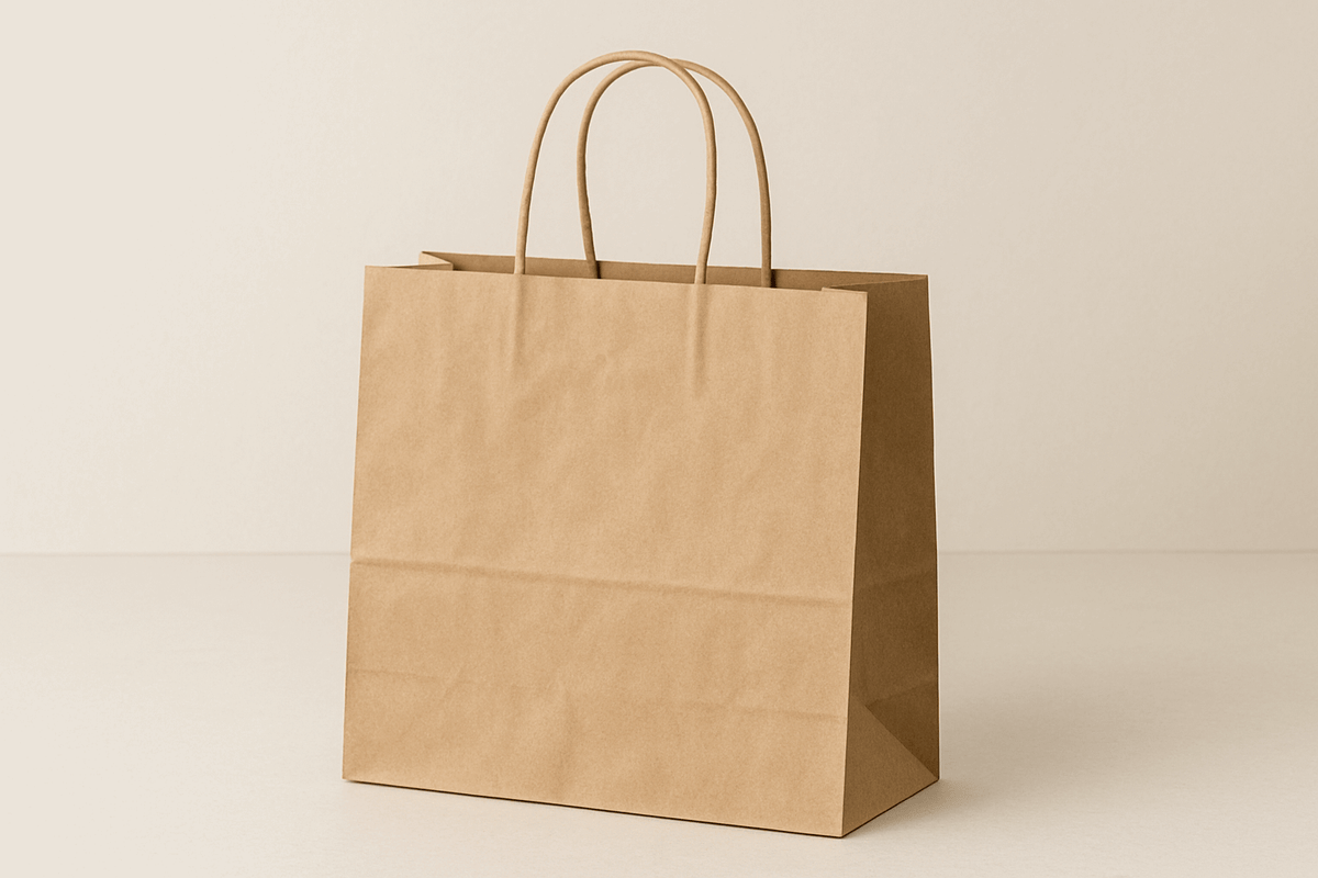 A medium-sized twisted handle bag made from durable brown Kraft paper. The bag stands upright with its top open, showing the spacious interior. It features strong twisted paper handles securely attached to the top edges, capable of supporting medium-weight contents. The natural brown paper displays a subtle texture highlighting its eco-friendly properties. The bag is photographed against a neutral background with soft, even lighting that accentuates the details of the paper texture and handle construction.