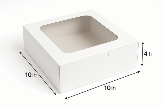 A professional product photo of a white 10"x10"x4" bakery box with a window on the top on a white background