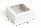 A professional product photo of a white 10"x10"x4" bakery box with a window on the top on a white background