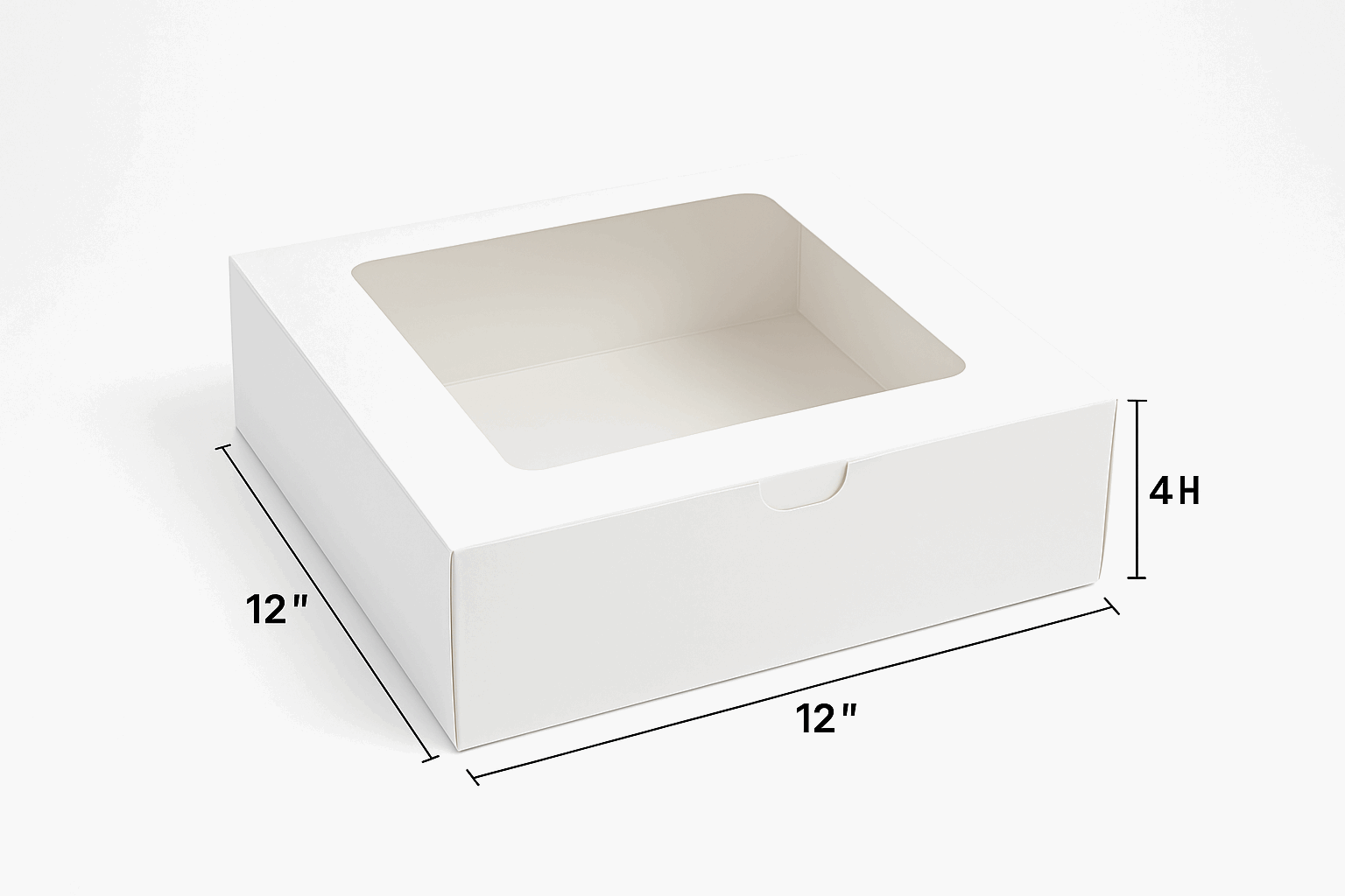 A professional product photo of a white 12"x12"x4" bakery box with a window on the top on a white background