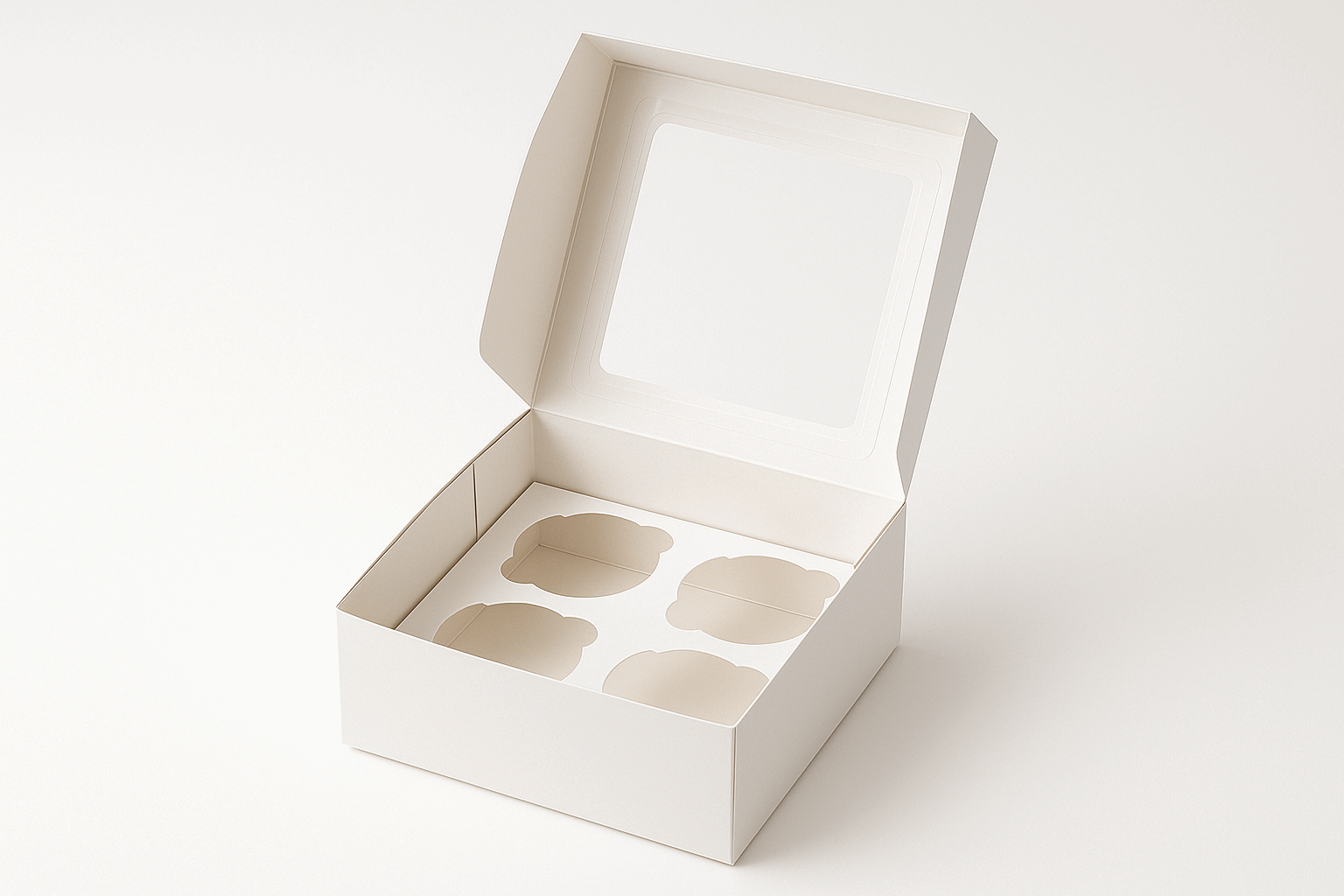 A professional product photo of an elegant four cupcake box packaging on a white background, designed to hold four cupcakes in a 2x2 grid arrangement