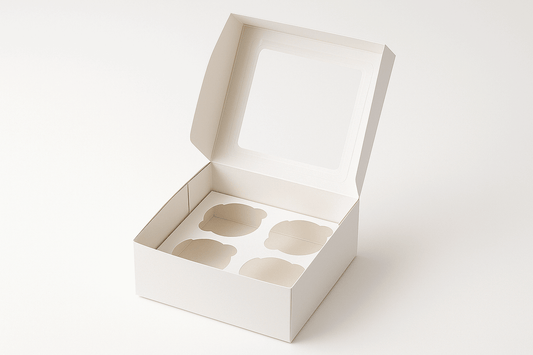 A professional product photo of an elegant four cupcake box packaging on a white background, designed to hold four cupcakes in a 2x2 grid arrangement
