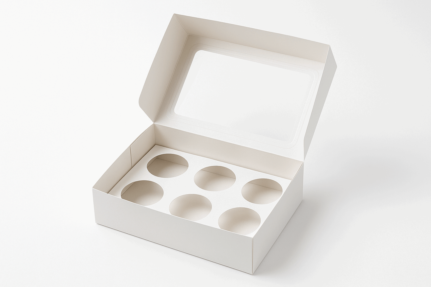 A professional product photo of an elegant six cupcake box packaging on a white background, designed to hold six cupcakes in a grid arrangement