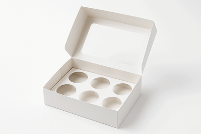 A professional product photo of an elegant six cupcake box packaging on a white background, designed to hold six cupcakes in a grid arrangement